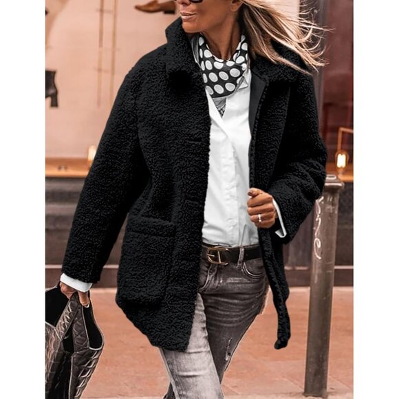 Women’s Black Faux Fur Coat Long Sleeve Lapel Button Down Fleece Sherpa Jacket - Picture 7 of 8